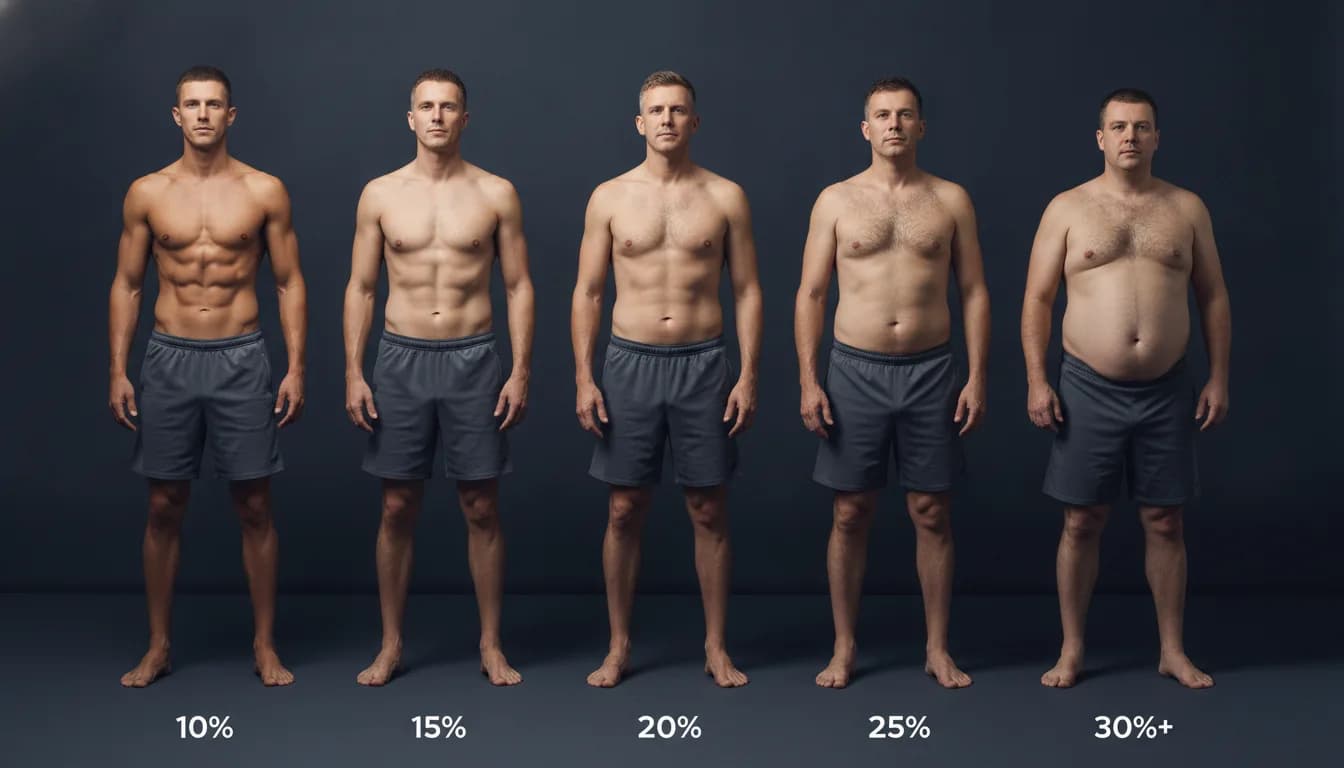 Five men standing side by side in a studio, body fat increasing from left to right: a very lean man at around 10%, an athletic man at 15%, an average man at 20%, a soft midsection at 25%, and a clearly overweight man at 30%+.
