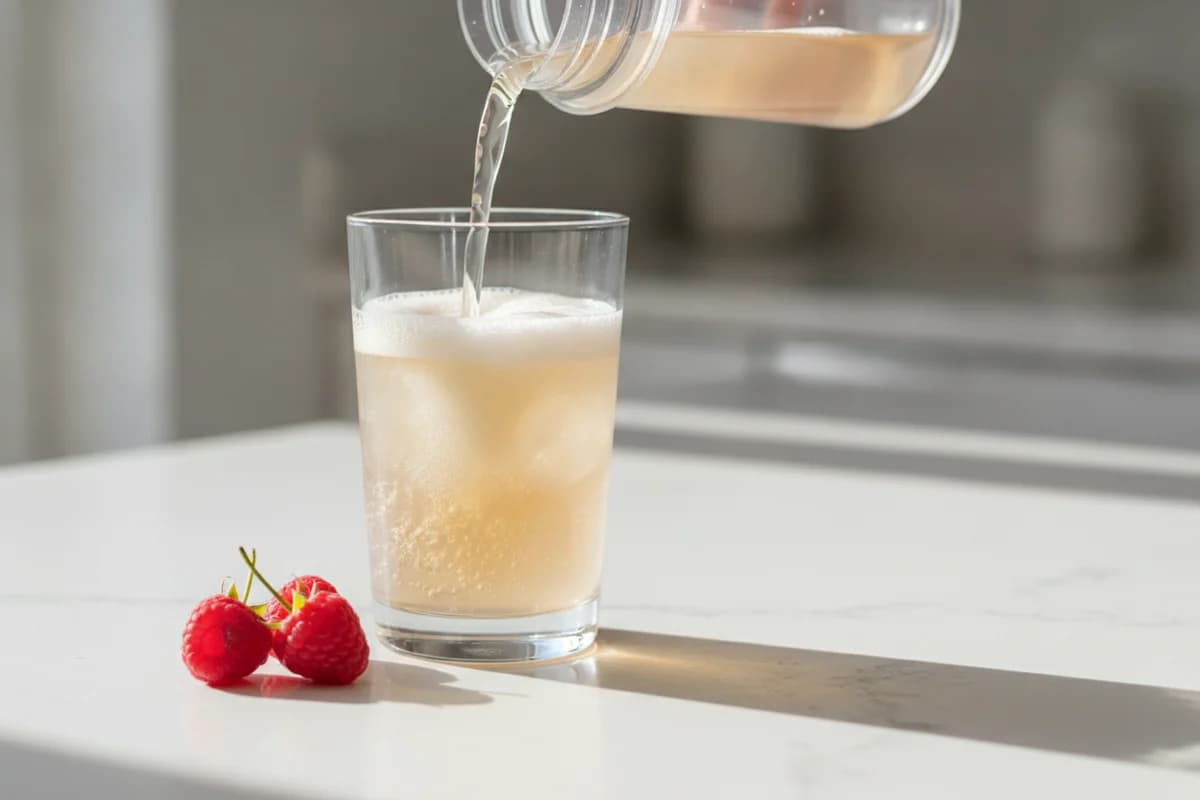 A clear, fruit-coloured protein drink being poured from a shaker into a glass with ice cubes.