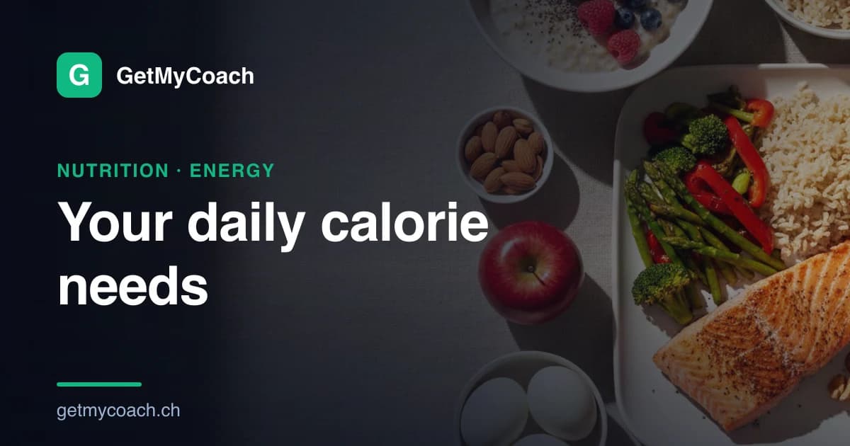A calm overhead flat-lay of a balanced day of whole foods — oats and berries, chicken, rice, vegetables, fruit and eggs — cover graphic for the GetMyCoach guide to daily calorie needs.