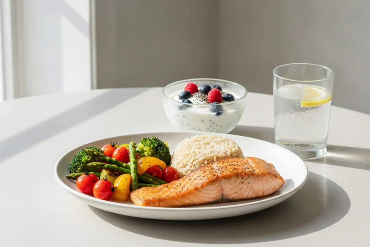 A balanced post-workout plate — chicken or salmon, rice, colourful vegetables, and a bowl of quark with berries beside it.