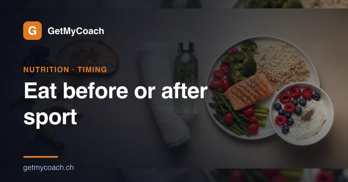 A split scene of a light pre-workout snack and a balanced post-workout meal beside a gym bag — cover graphic for the GetMyCoach guide to eating before and after training.