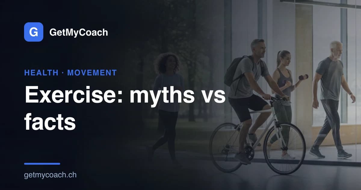 A bright montage of everyday people being active — jogging, cycling, walking and lifting weights — cover graphic for the GetMyCoach guide to exercise myths and facts.