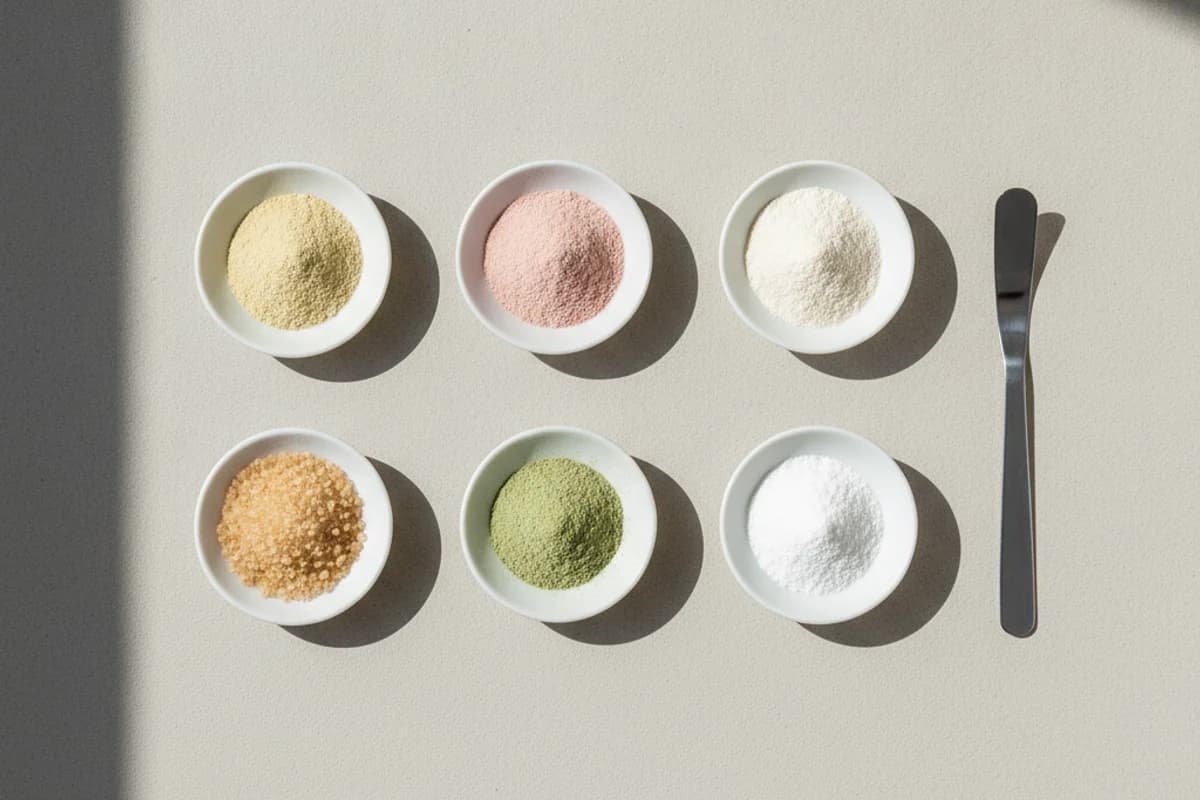 Six tiny white dishes in two rows, each holding a small amount of fine powder in a different muted colour — pale yellow, soft pink, off-white, amber, pale green and white — with a steel spatula beside them.