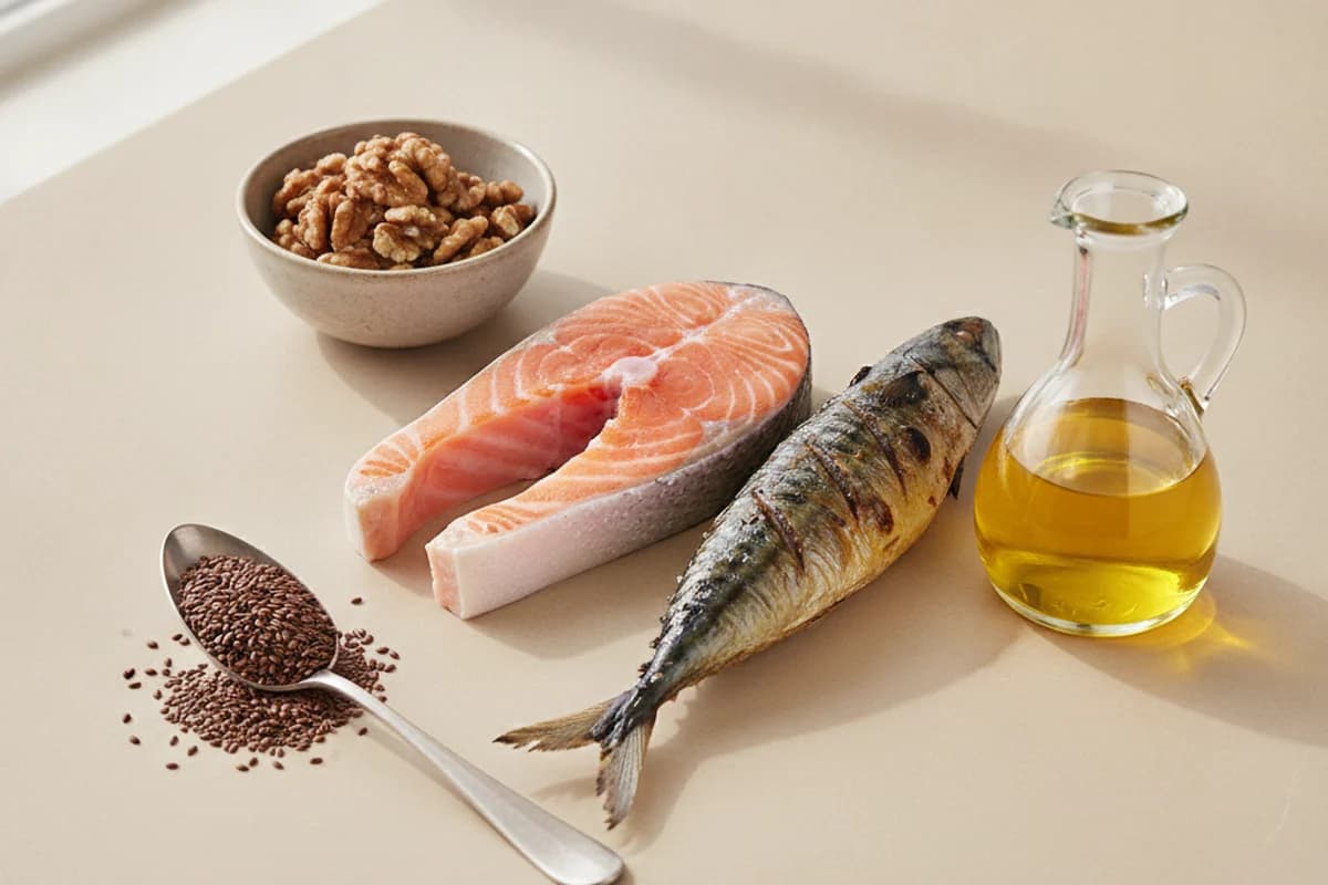 A raw salmon steak and a whole grilled mackerel on a light surface beside a bowl of shelled walnuts, a spoon of brown linseed and a small glass jug of golden rapeseed oil.
