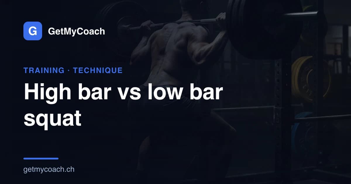 A strong lifter set up under a loaded barbell in a dark strength gym — cover graphic for the GetMyCoach guide comparing the high-bar and low-bar back squat.