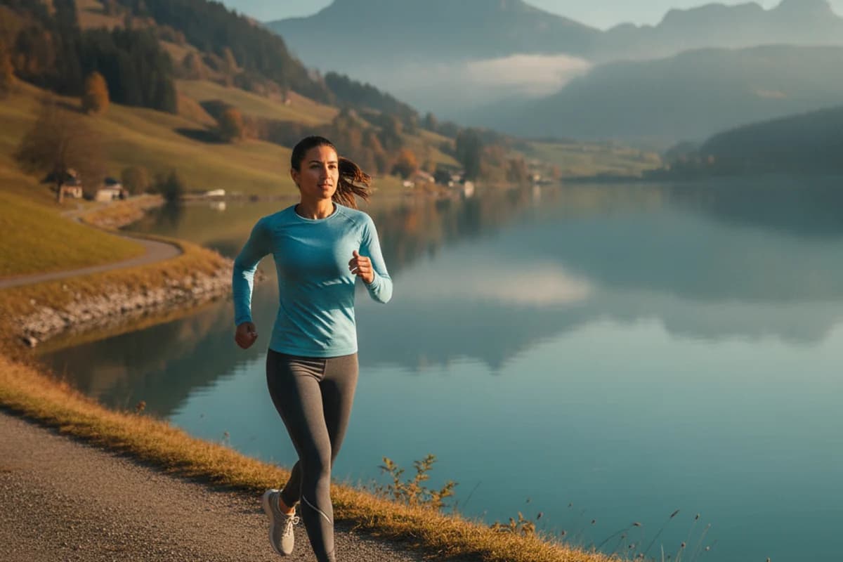 A runner at a calm, steady pace on a lakeside path in the Swiss countryside on a clear autumn morning.