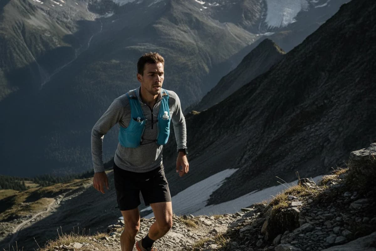 A trail runner with a light hydration vest running up a steep alpine mountain path, high Swiss mountains behind.
