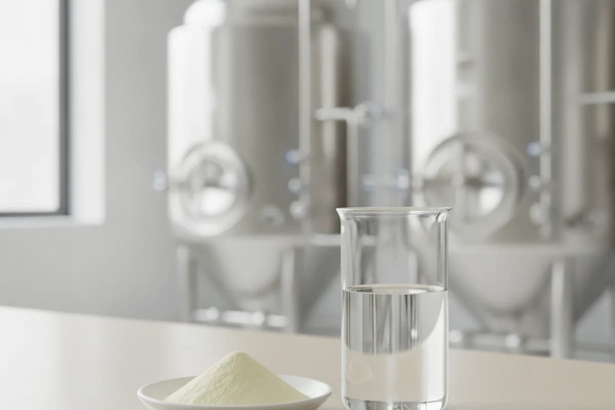 A small dish of fine yellow protein powder on a clean light laboratory surface, with stainless-steel fermentation tanks and pipework softly out of focus in the background.