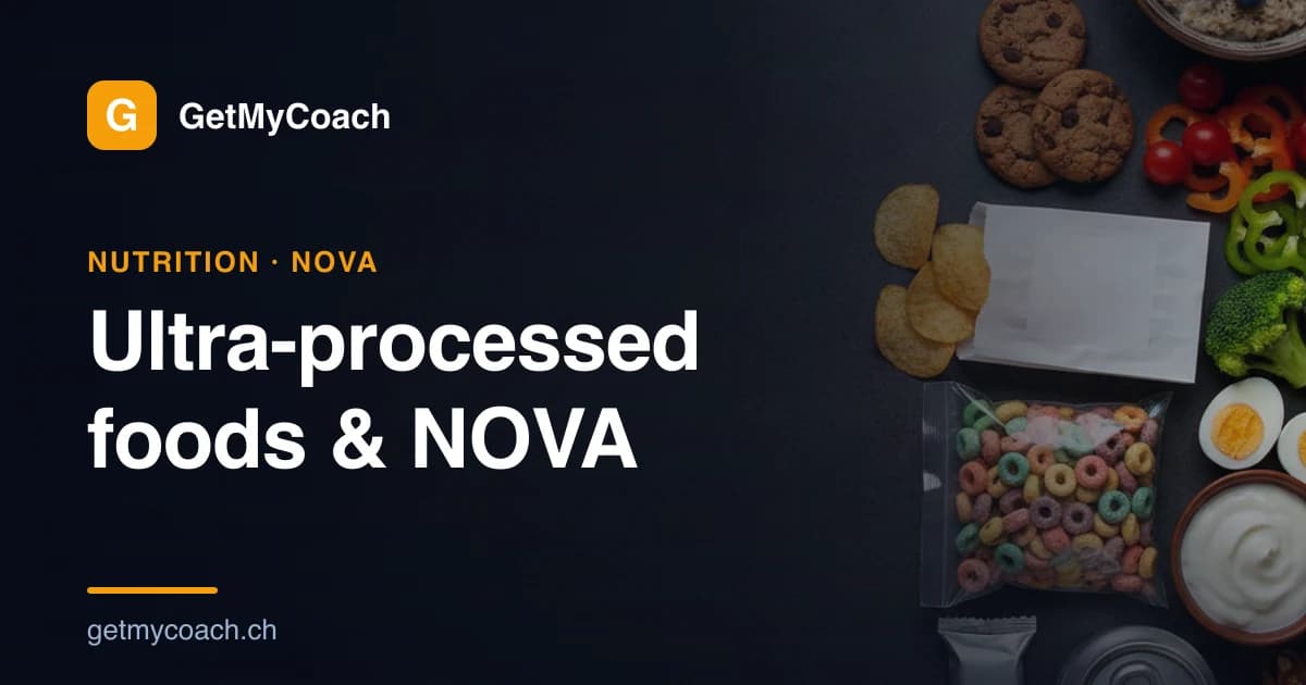 Minimally processed foods and ultra-processed products laid out on a kitchen counter.