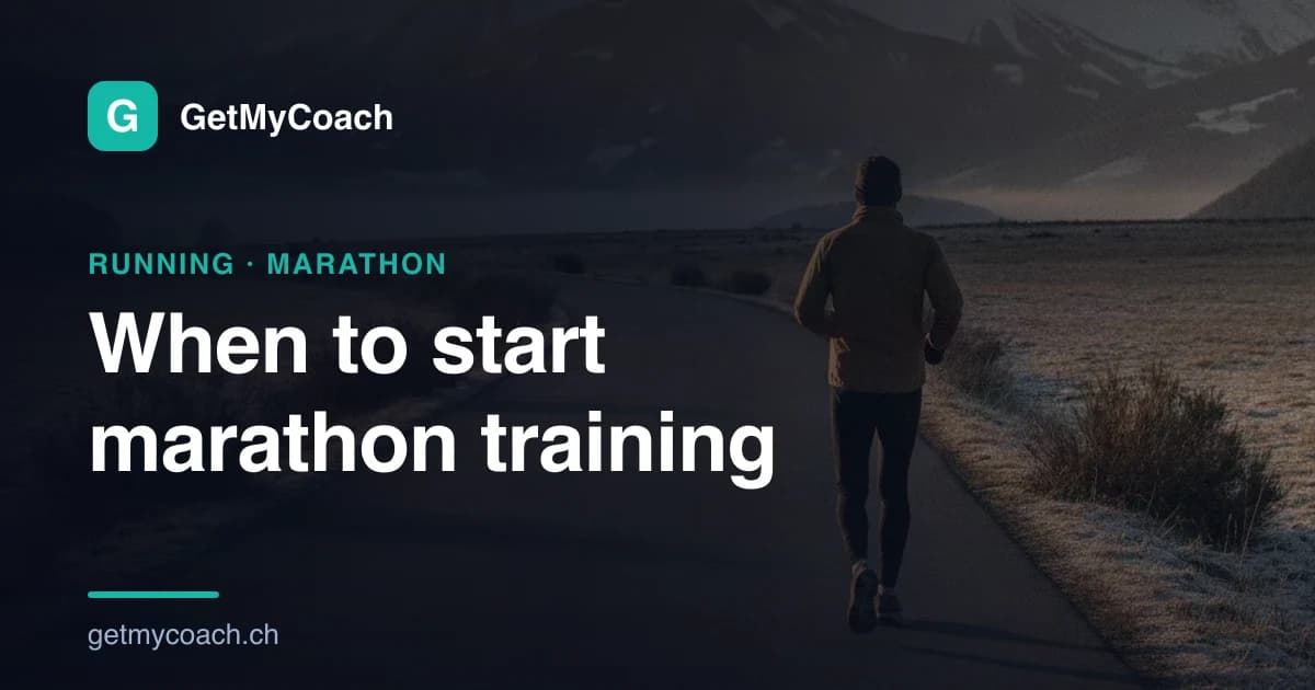 A lone runner on an open country road at sunrise with snow-dusted Swiss alpine peaks in the distance — cover image for the GetMyCoach guide to when to start marathon training.