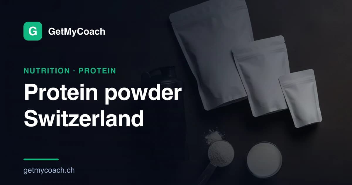 Three plain unbranded whey protein pouches and a shaker arranged on a clean dark surface for a Swiss protein-powder price comparison.