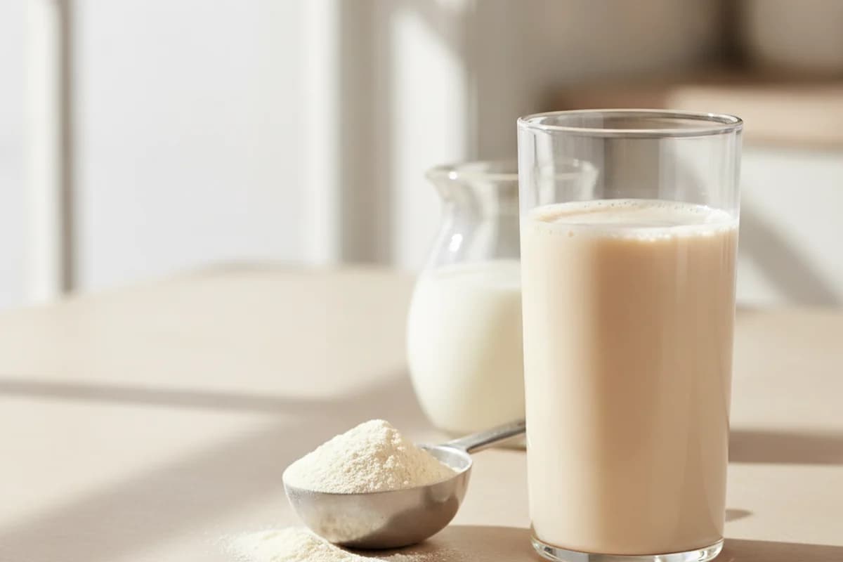 A plain transparent shaker filled with a pale beige protein drink on a light kitchen counter, a heaped steel scoop of powder beside it and a glass jug of milk out of focus behind.