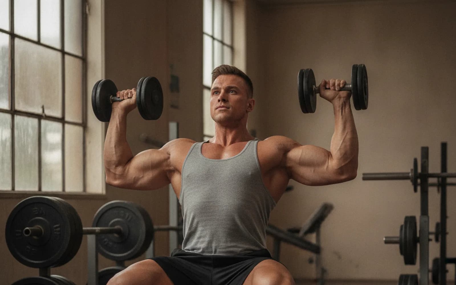 Golden Era Body Building Coach pressing dumbbells on a bench in a classic iron gym