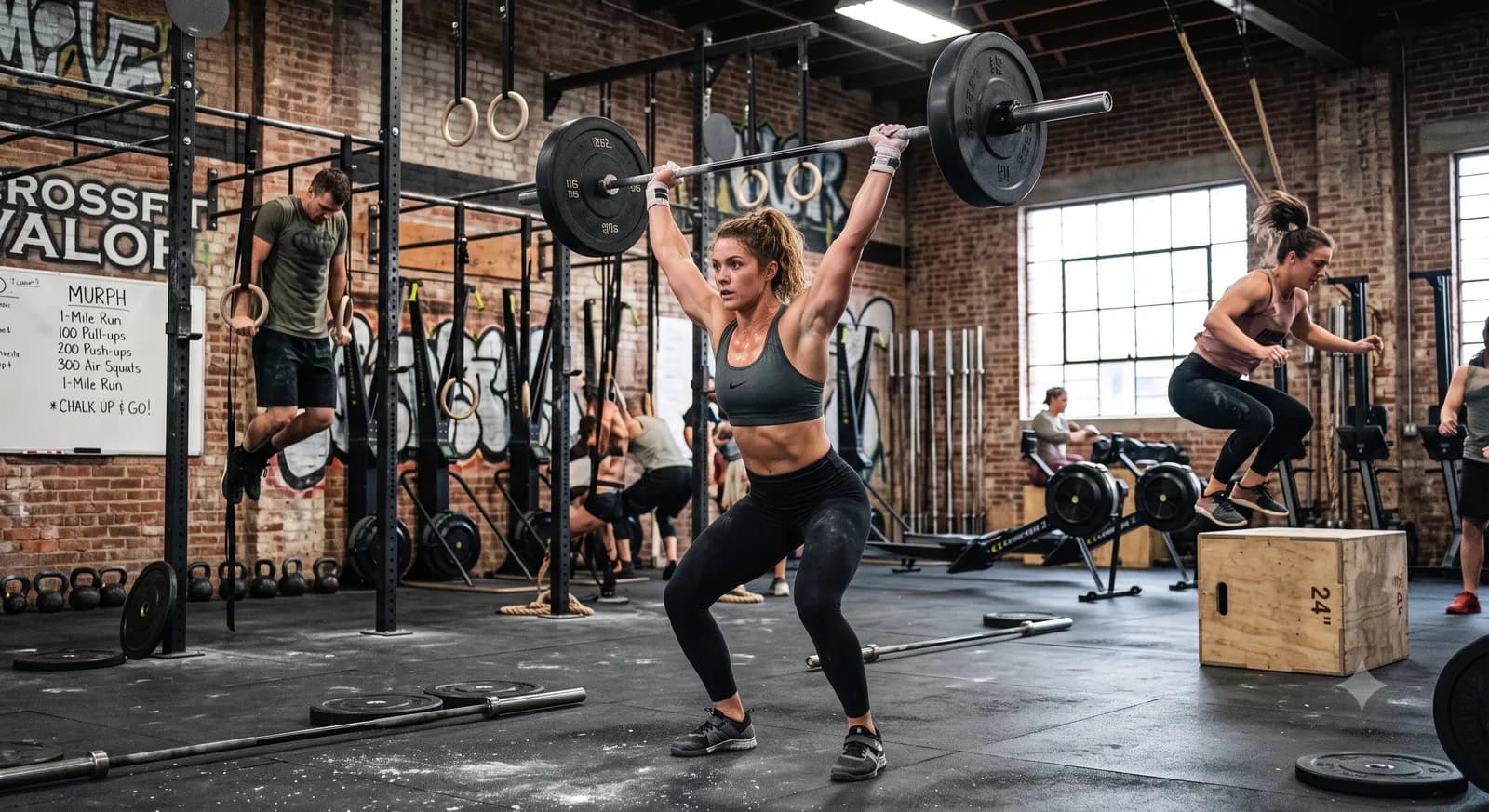 Athletes training hard together in a functional-fitness gym — barbell, rings, rower and box jumps.