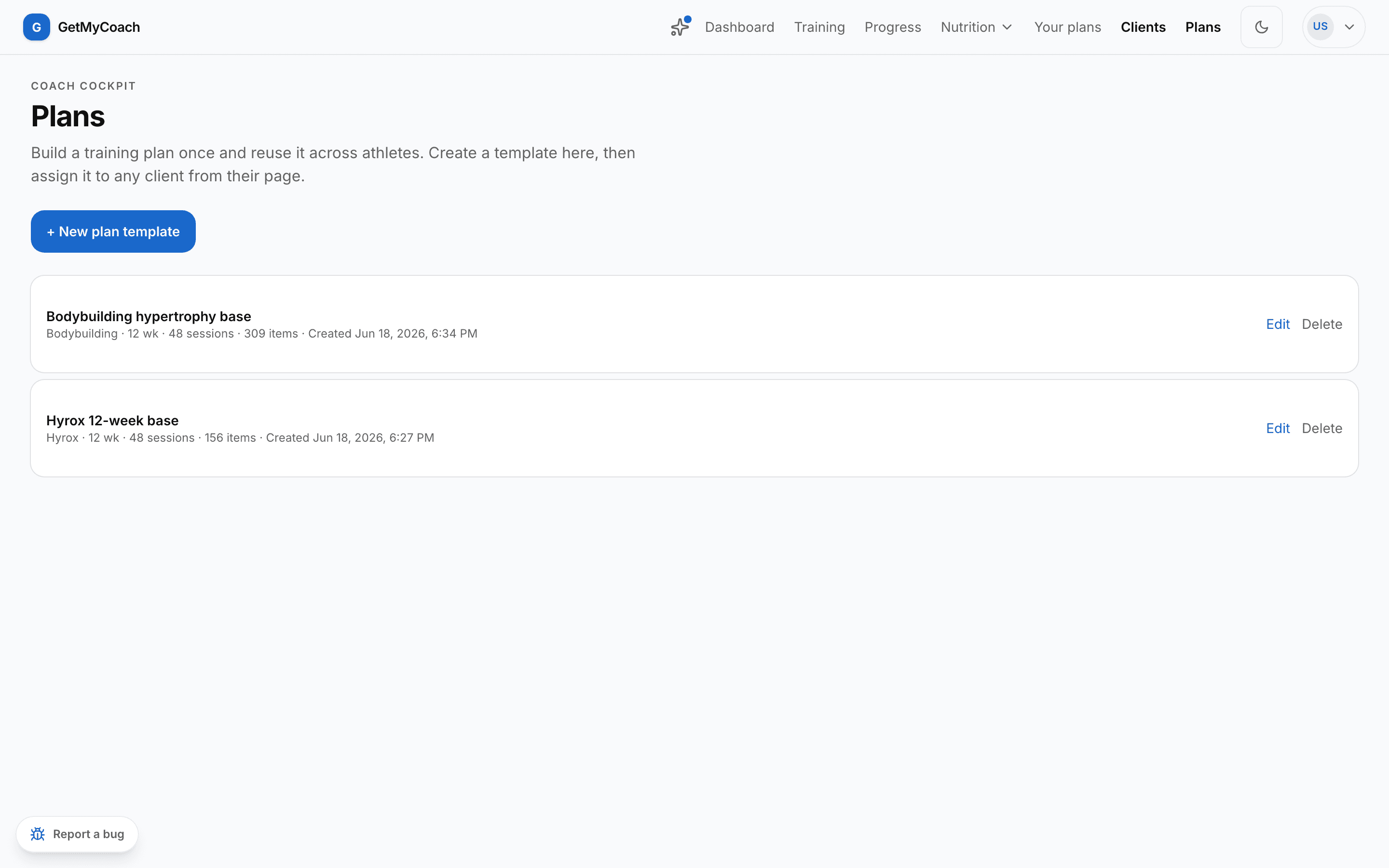 The coach plans library — reusable templates you assign to any athlete.
