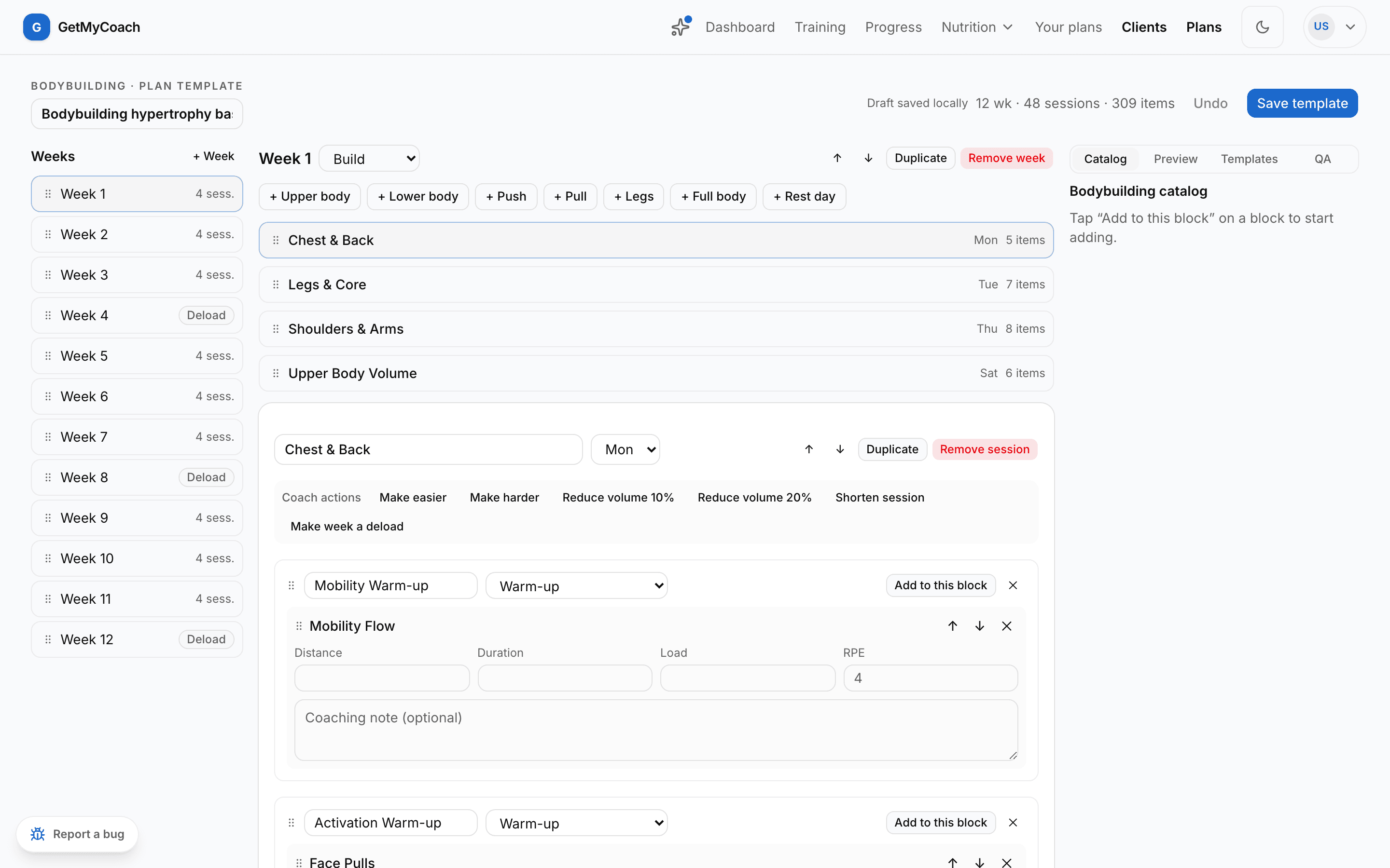 The session editor in the GetMyCoach builder — warm-up and working blocks, each exercise with its sets, reps and RPE.