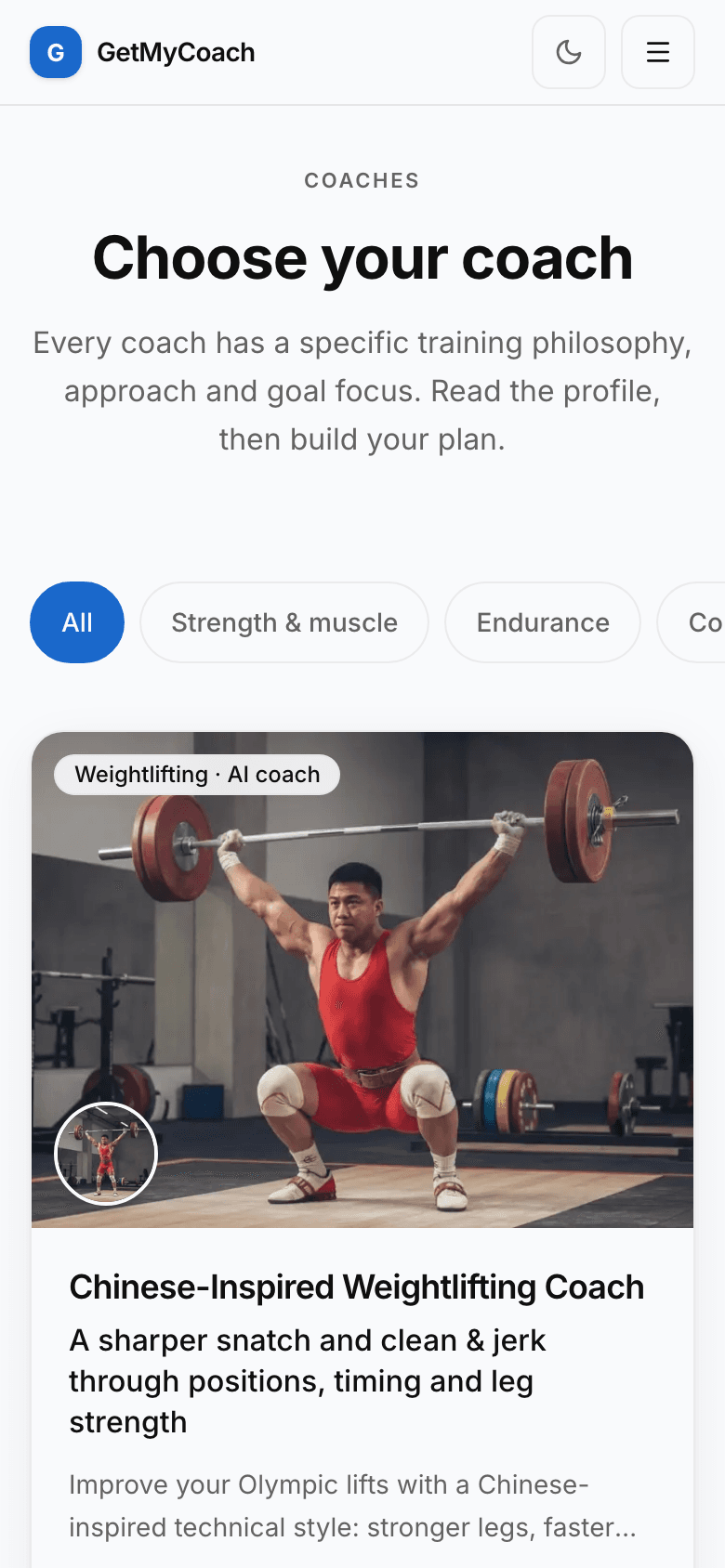 The GetMyCoach coach library on a phone, showing specialist coaches and their philosophies