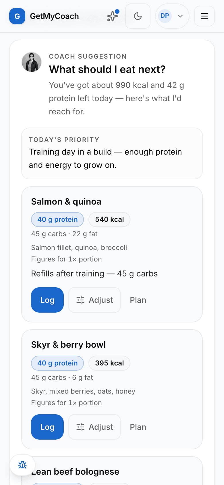 A GetMyCoach nutrition screen on a phone — today's calorie and protein targets, the daily Coach Verdict score, and suggested meals