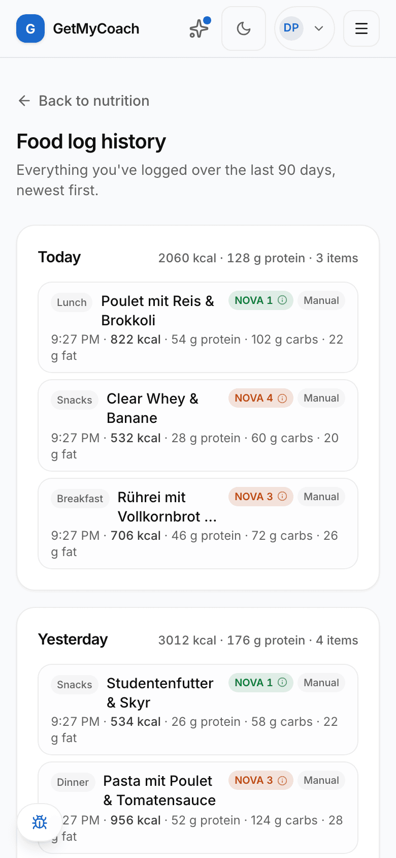 The GetMyCoach food log history on a phone, each food tagged with a coloured NOVA group from 1 to 4