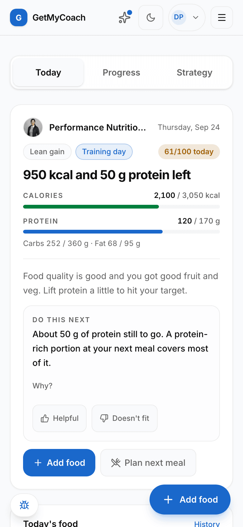 The GetMyCoach nutrition screen on a phone — today's calorie and protein targets, the daily Coach Verdict score, and the logged foods
