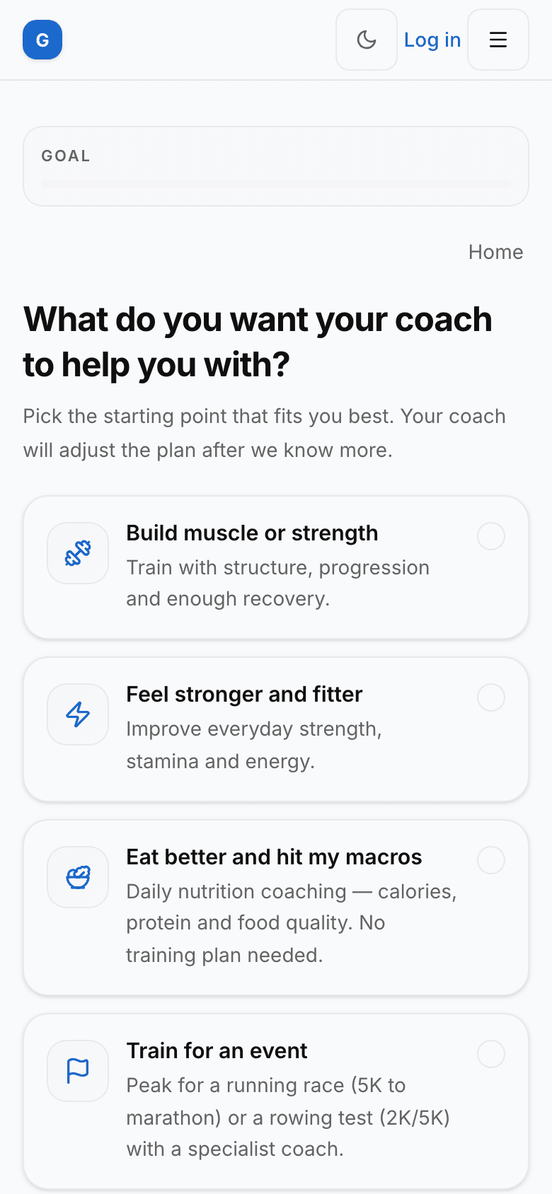 GetMyCoach goal selection screen with training goal options