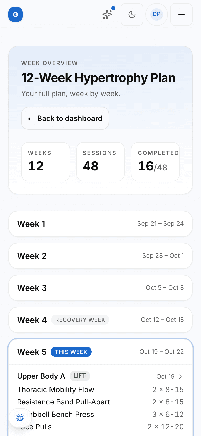 A GetMyCoach training plan on a phone, showing the week's sessions with sets, reps and target load