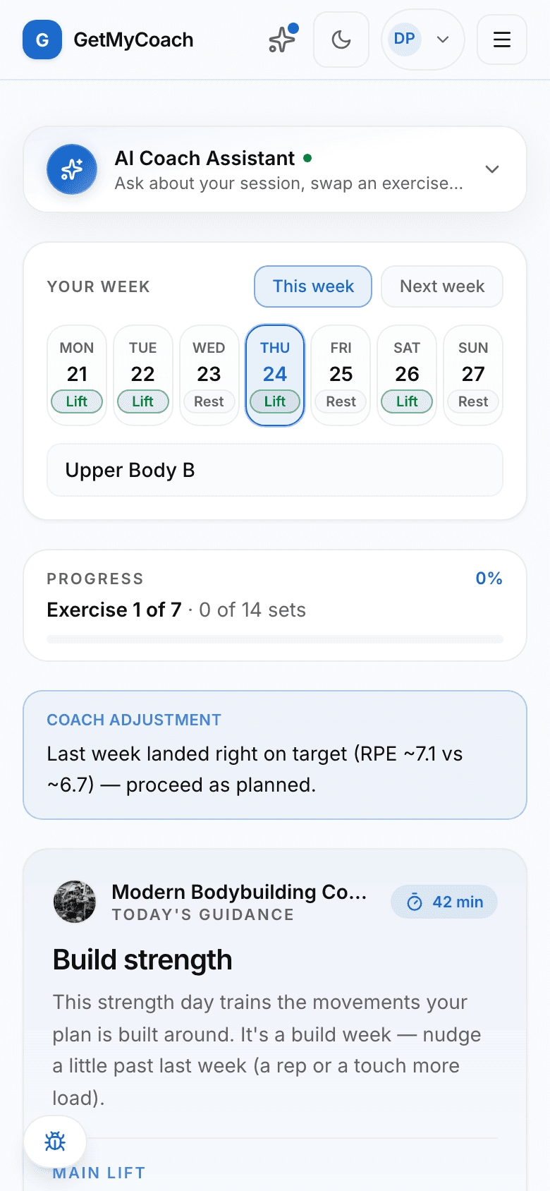 A GetMyCoach training session on a phone while logging — coaching cues, the prescribed sets and the fields to log your result