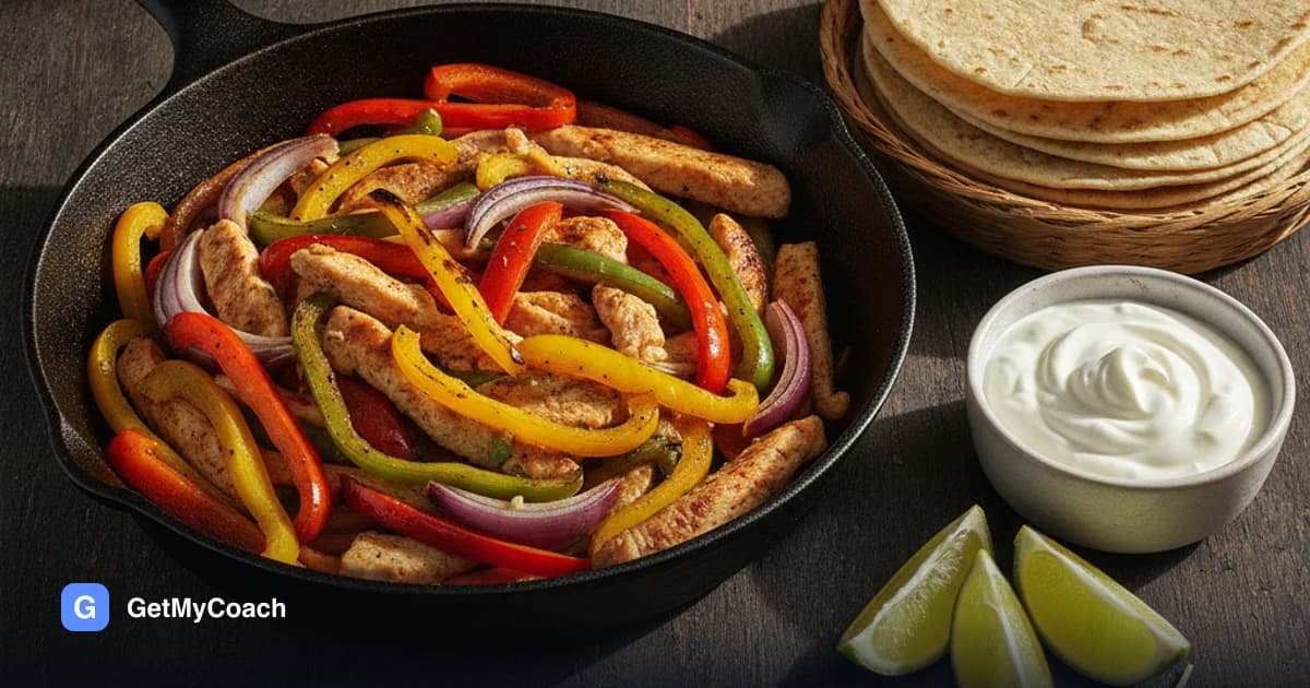 A black skillet of charred chicken strips with red, yellow and green pepper and onion, beside a stack of warm tortillas, a bowl of white skyr, lime wedges and coriander.