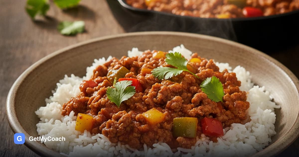 A bowl of rice topped with browned lean beef mince cooked with red and yellow peppers and tomatoes, scattered with fresh coriander.
