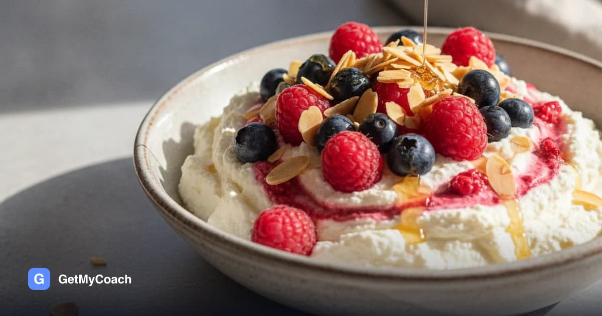 A bowl of pale, airy whipped quark streaked pink where crushed raspberries have been folded through, topped with whole blueberries, toasted flaked almonds and a thin thread of honey.