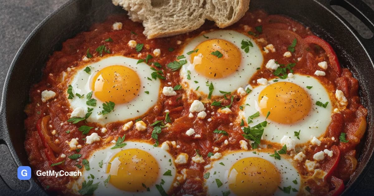 A black cast-iron pan of thick red tomato and pepper sauce with four eggs poached into it, the yolks still soft, scattered with crumbled white feta and fresh parsley, a torn piece of bread on the rim.