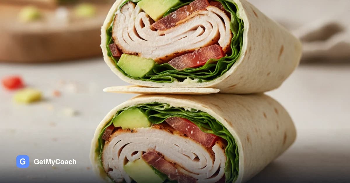 A tightly rolled wrap cut in half, showing layers of sliced turkey breast, green avocado, crisp lettuce and tomato against a pale dressing in the warm tortilla.