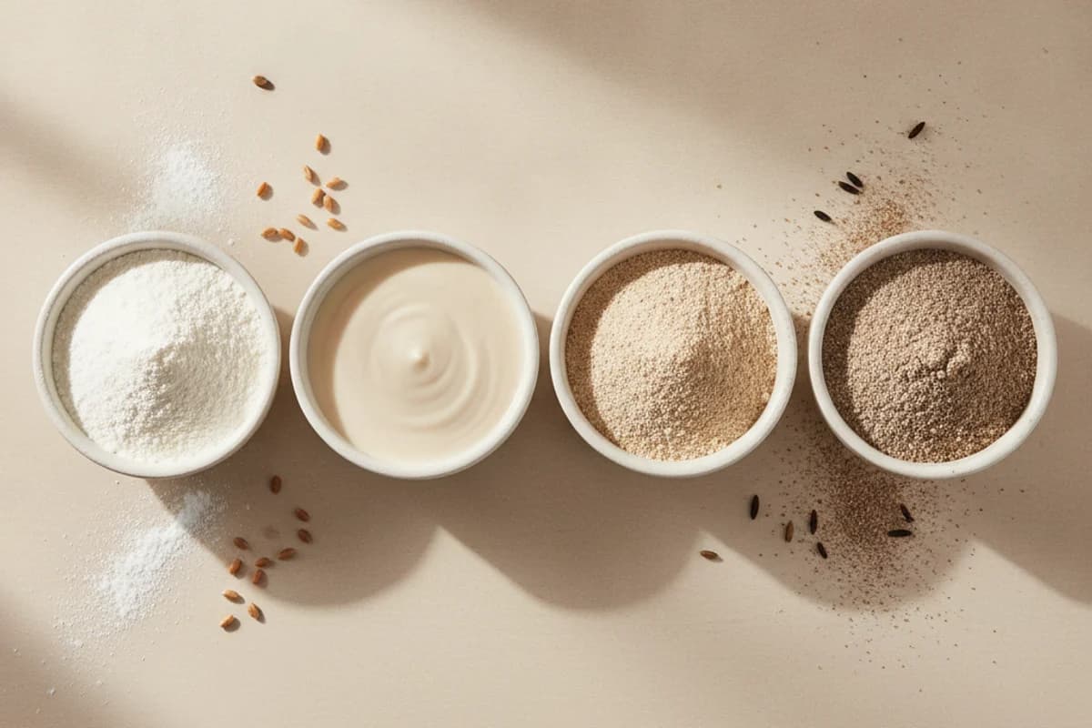 Four white bowls in a row holding a bright white flour, a pale cream flour, a light tan flour with fine bran flecks and a dark grey-brown wholemeal flour, with loose wheat and rye grains between them.