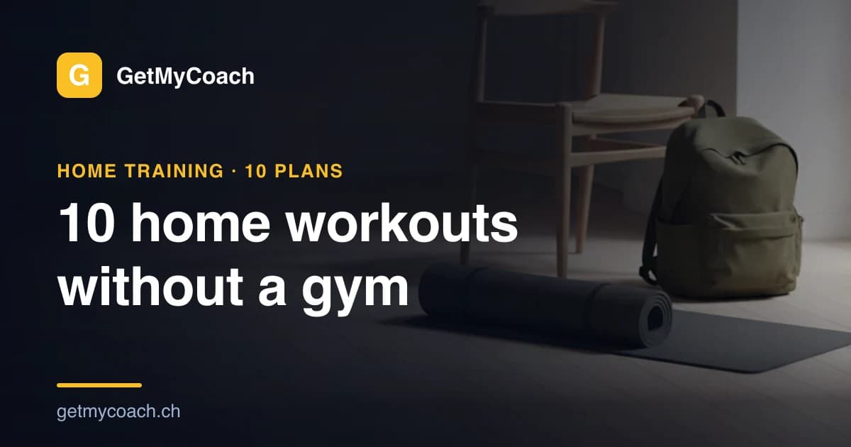 A rolled dark exercise mat on pale wooden floorboards beside an olive rucksack and a simple wooden chair in soft daylight — cover image for the GetMyCoach guide to ten home workouts without a gym.