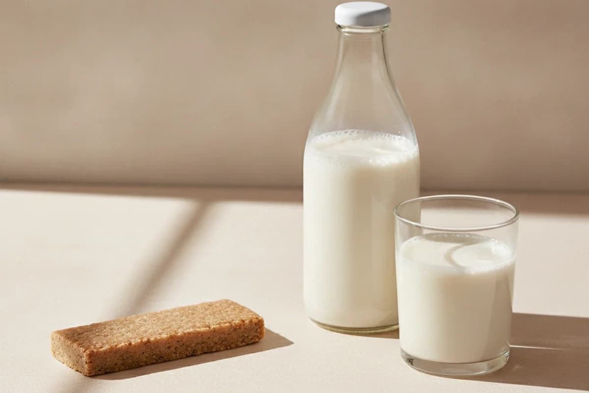 An unwrapped protein bar beside a slim glass bottle of a milky drink and a half-filled glass on a pale surface.