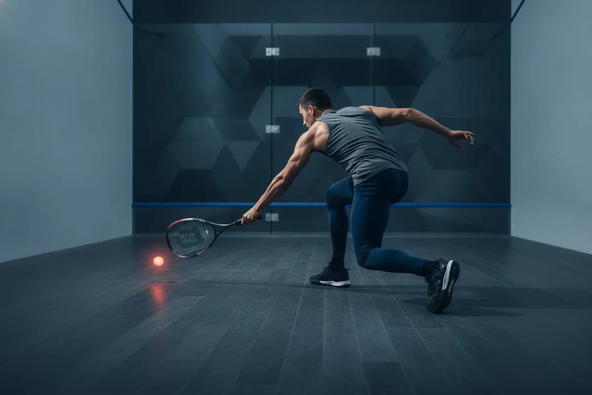 A squash player in a deep lunge reaching for a low ball on a dimly lit court.