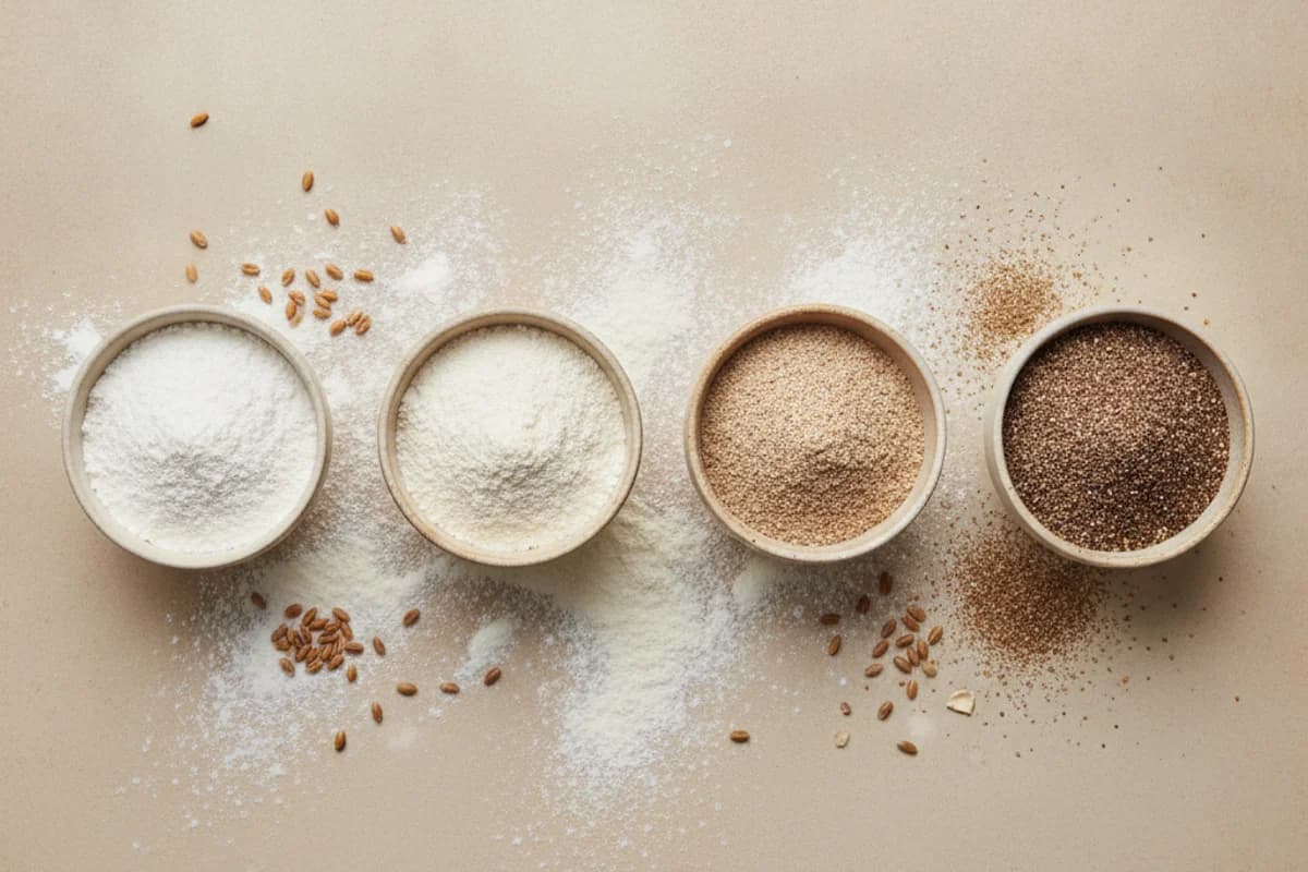 Four bowls of flour from very light to dark, with a few wheat grains and some scattered flour between them.