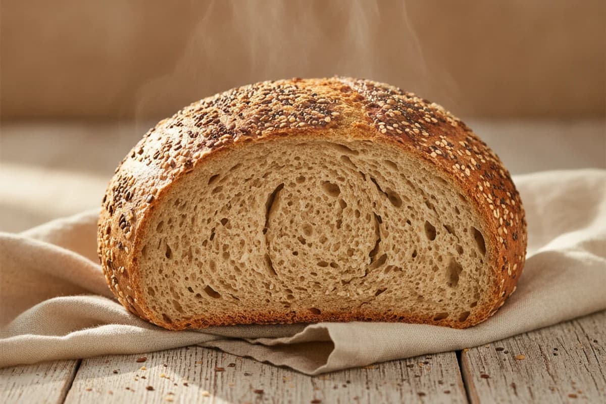 A freshly baked, cut-open ruch or wholegrain loaf with an airy crumb and golden crust.