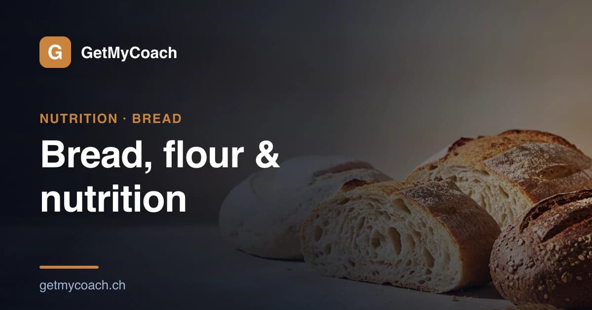 A calm still life of white, ruch and wholegrain loaves with loose flour and wheat grains — cover graphic for the GetMyCoach guide to bread, flour and nutrition.