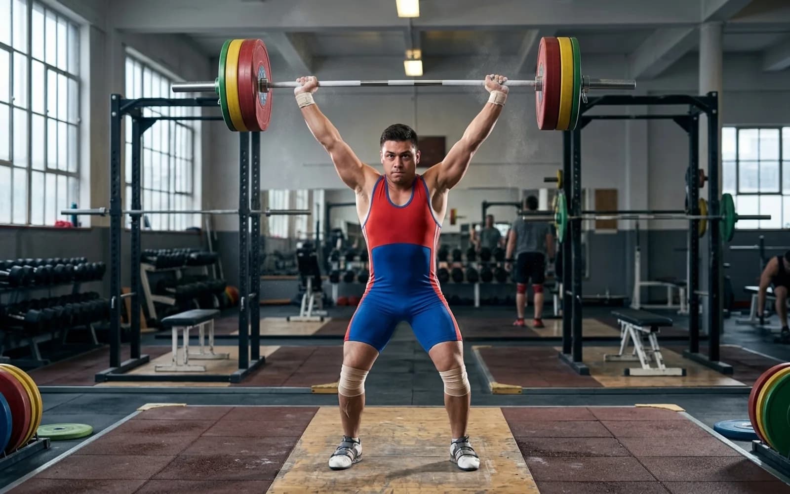 Classic Olympic Weightlifting Coach locking out a clean and jerk overhead with coloured bumper plates