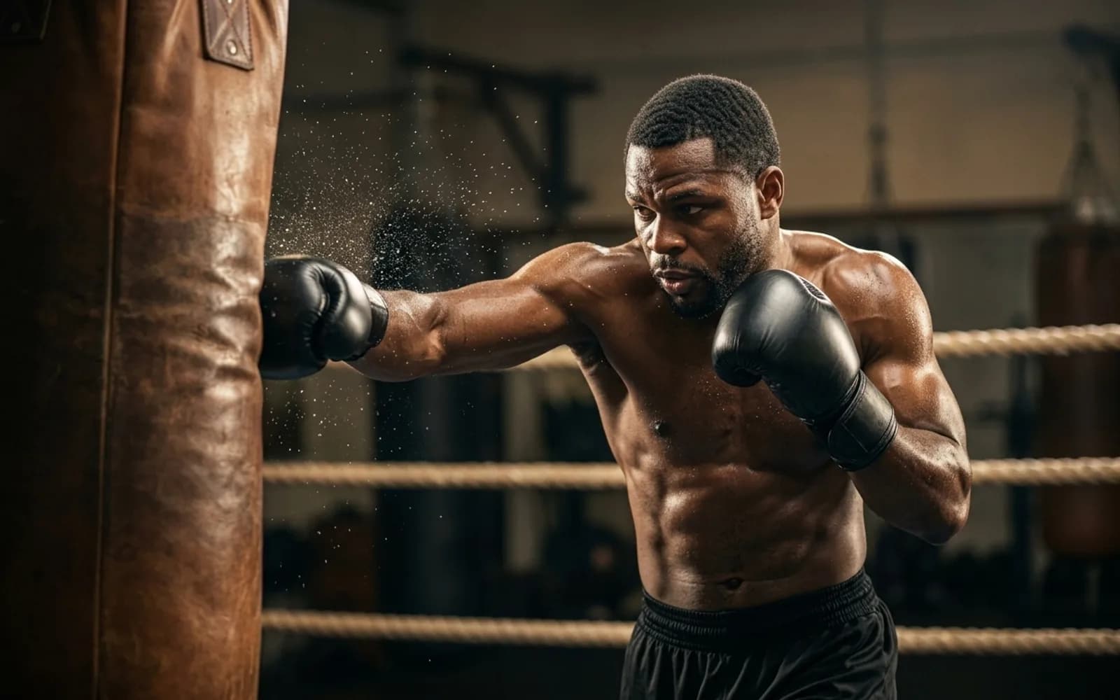 Golden Age Heavyweight Coach throwing a hook into a heavy bag in an old-school boxing gym