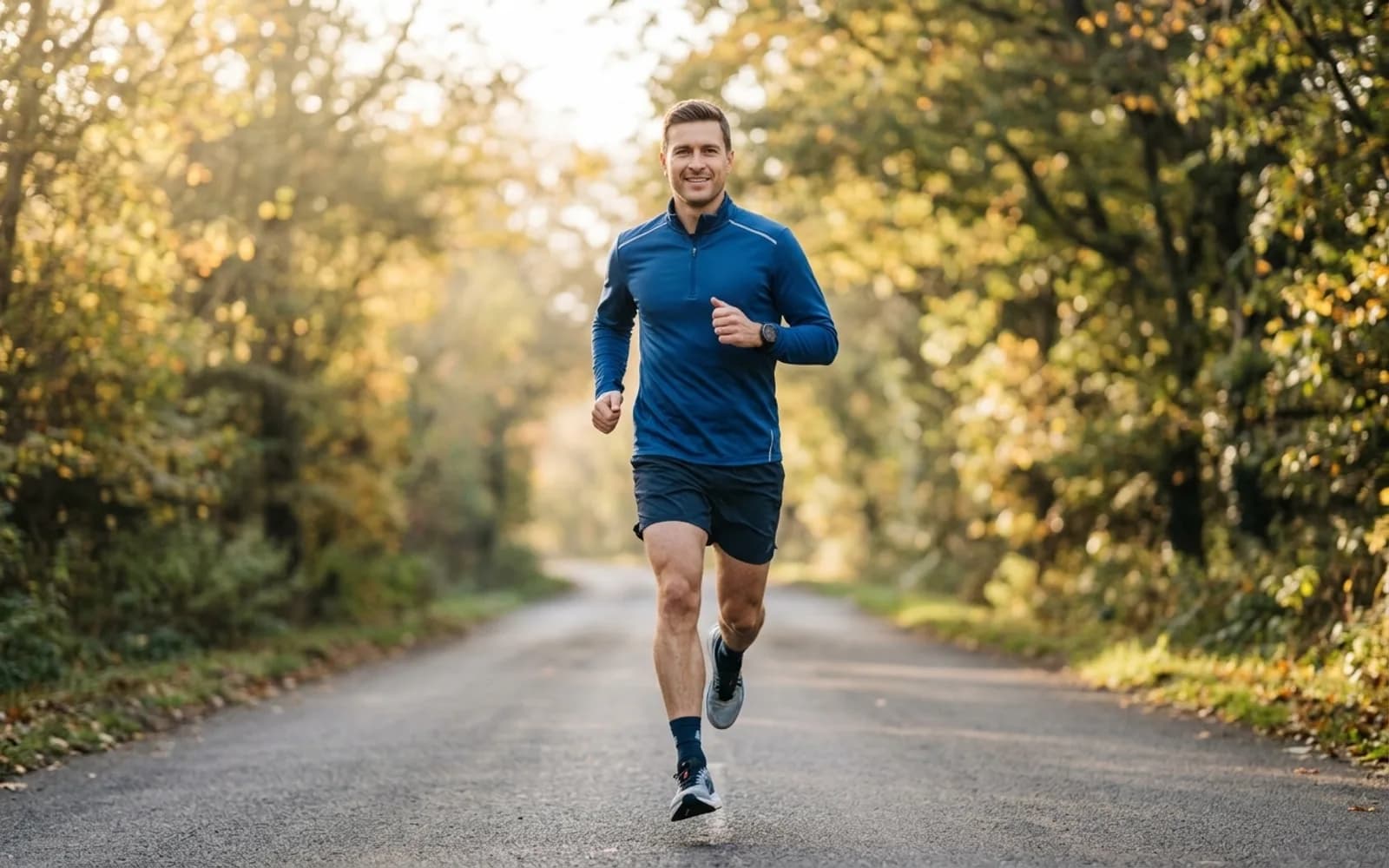 Modern Running Coach running along a tree-lined road in morning light