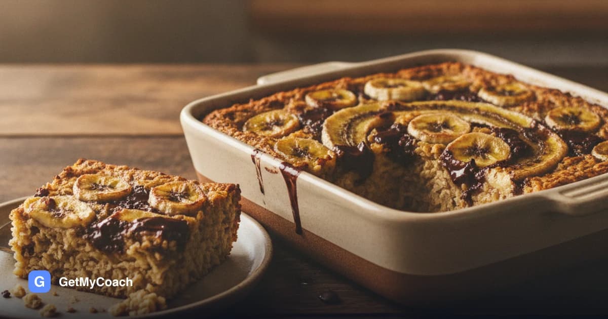 A square baking dish of golden baked oats with banana slices pressed into the surface and dark chocolate melted into visible pockets, one portion lifted out onto a plate.