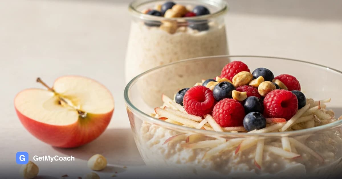 A glass bowl of pale creamy bircher muesli flecked with grated apple, topped with raspberries, blueberries and toasted chopped hazelnuts, a second jar behind it.