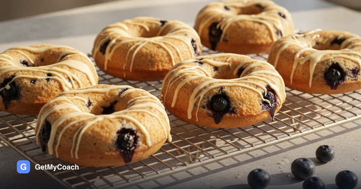 Six golden baked donuts cooling on a wire rack, whole blueberries baked into the crumb and thin white chocolate drizzled over the top, with loose blueberries on the counter beside them.