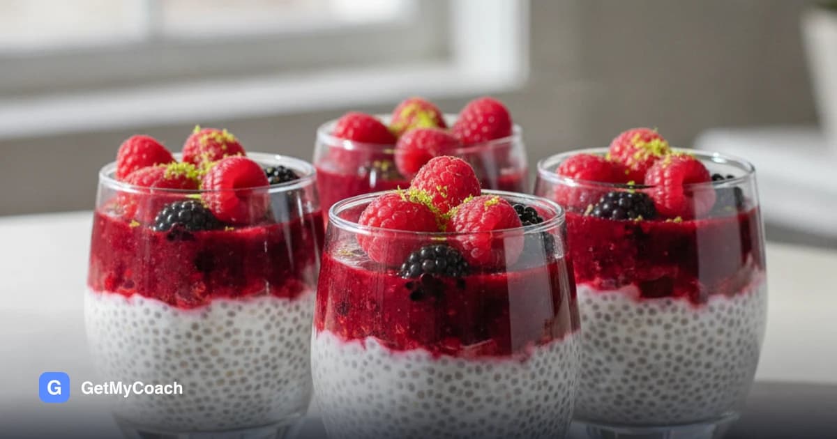 Four small glasses layered with white coconut chia pudding and a deep red crushed berry layer, topped with whole raspberries and a fine grating of lime zest.