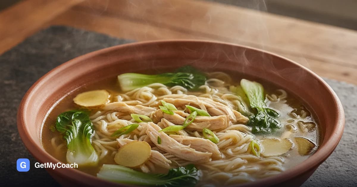 A large bowl of clear golden broth with rice noodles, shredded chicken, halved pak choi, sliced spring onion greens and coins of ginger, a wedge of lime on the side.