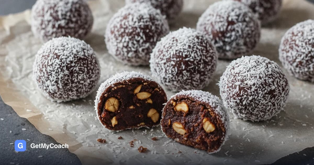 Twelve dark cocoa-coloured balls rolled in desiccated coconut on a sheet of baking parchment, one broken open to show the dense, sticky date and peanut inside.