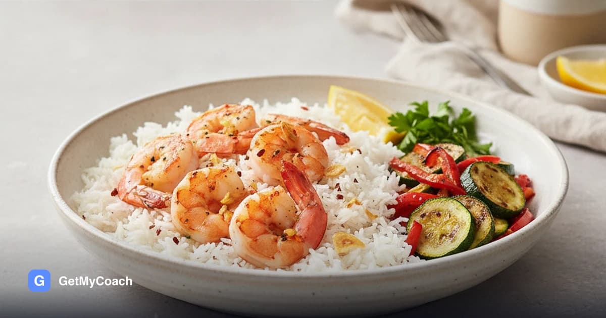A bowl of rice topped with pink prawns, sliced courgette and red pepper flecked with chilli, finished with parsley and a lemon wedge.