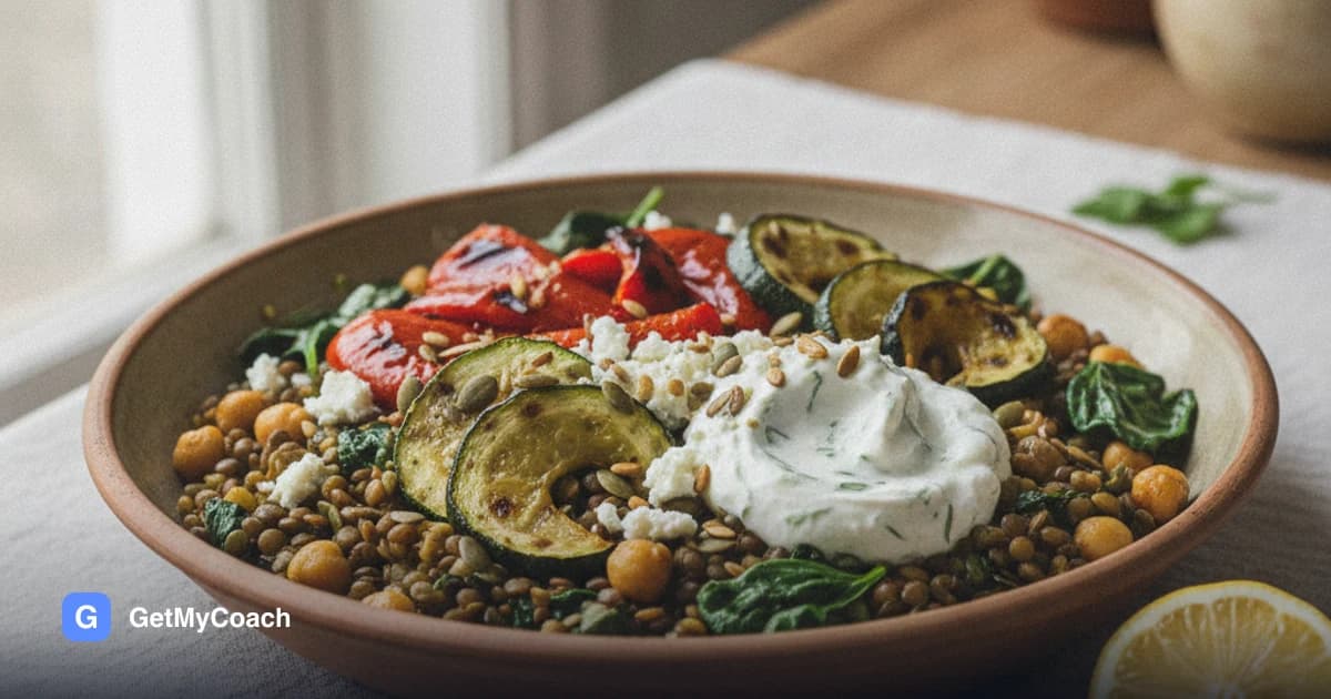 A wide bowl of green lentils and chickpeas topped with charred red pepper and courgette, a swirl of white herb yogurt, crumbled feta and toasted pumpkin seeds, with lemon halves beside it.